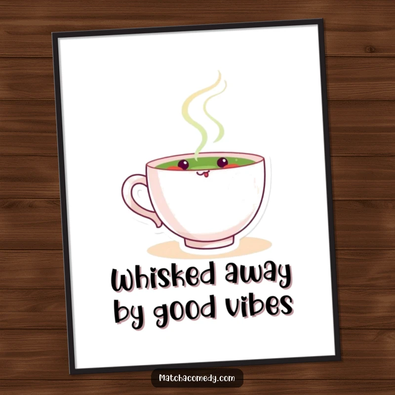 Funny Free Printable Wall Art: A smiling matcha tea cup character cheerfully stirring a green beverage with a contented look.