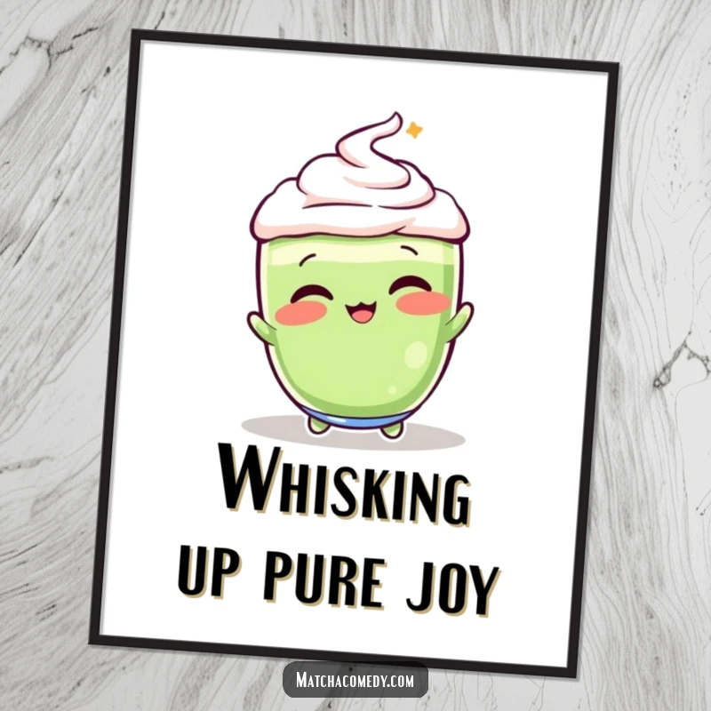 Funny Free Printable Wall Art: A vibrant matcha latte in a fun pose, energetically whisking, adding a splash of humor to your room.