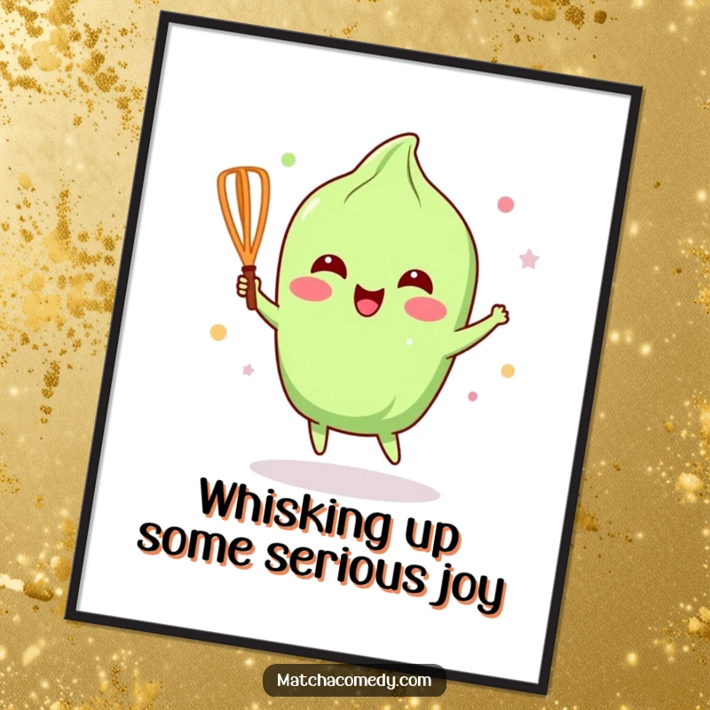 Funny Free Printable wall art of a kawaii matcha whisk energetically doing a happy dance, full of life and cheer.