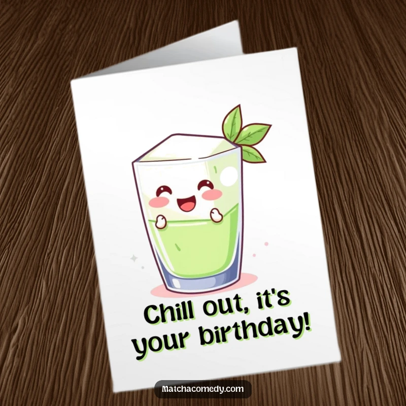 Funny free printable birthday card: A smiling matcha ice cube joyfully jumping out of a glass.