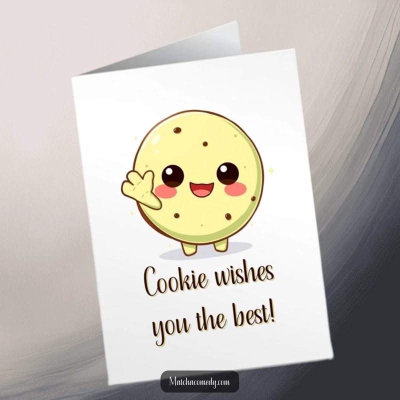 Funny Free Printable Birthday Card featuring a Kawaii matcha cookie character waving hello with a happy, friendly expression.