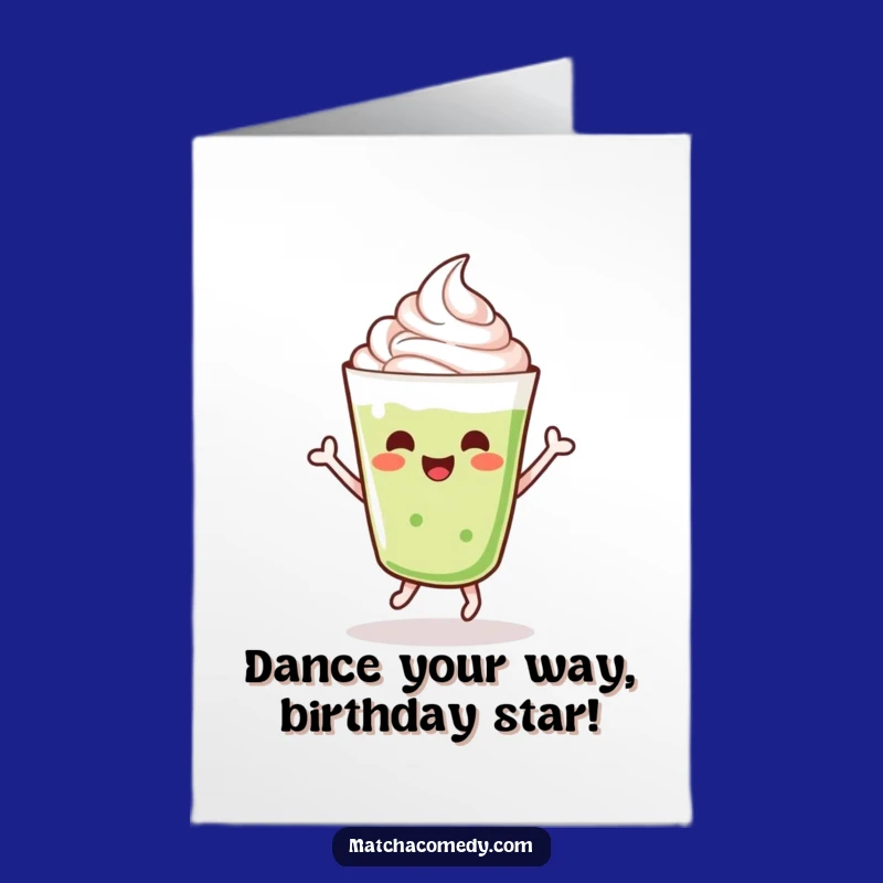 Free Printable Birthday Card: Dancing Matcha Latte, Whimsical Jig Design Gift