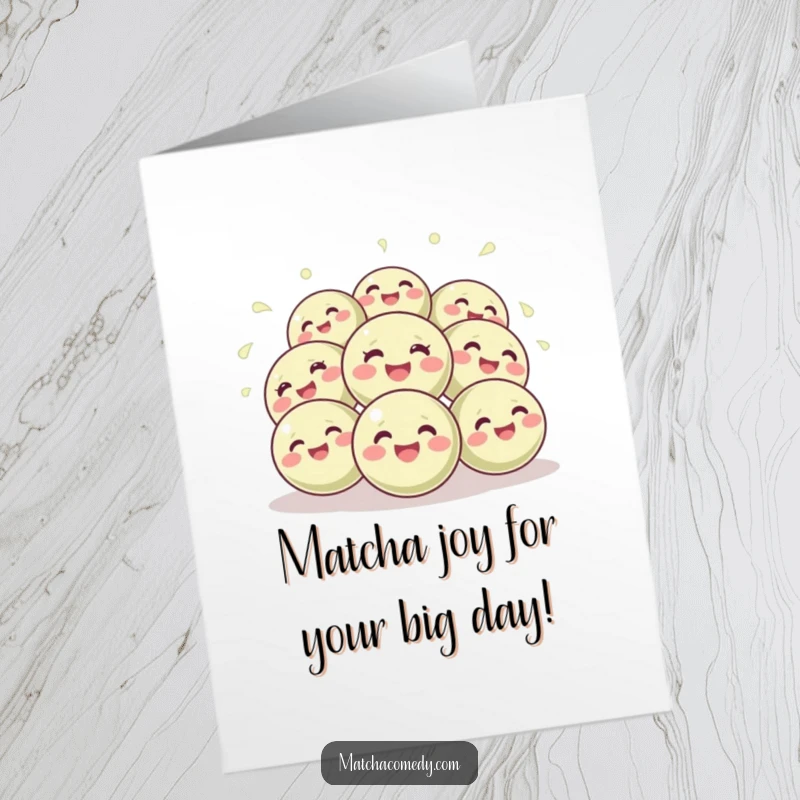Funny Free Printable Birthday Card: Giggling matcha balls bouncing ecstatically, spreading pure joy and laughter for a memorable celebration.