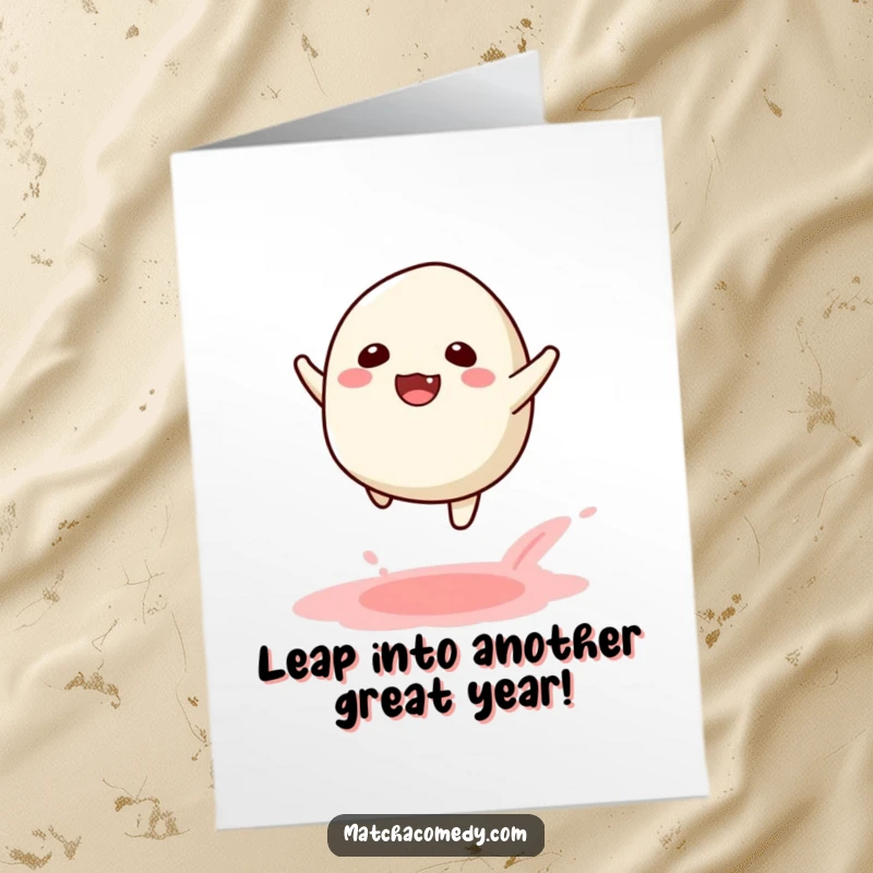 Funny Free Printable Birthday Card: A kawaii matcha mochi joyfully leaps, leaving a powdery trail of celebration.