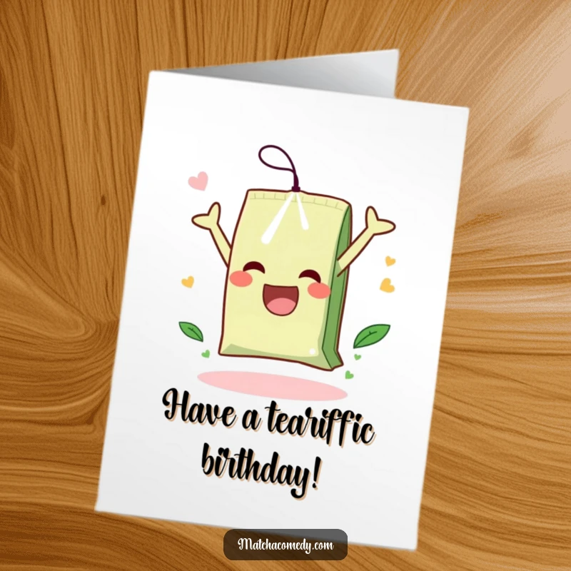 Funny Free Printable Birthday Card: A cheerful matcha tea bag performing an energetic somersault, celebrating with acrobatic glee.