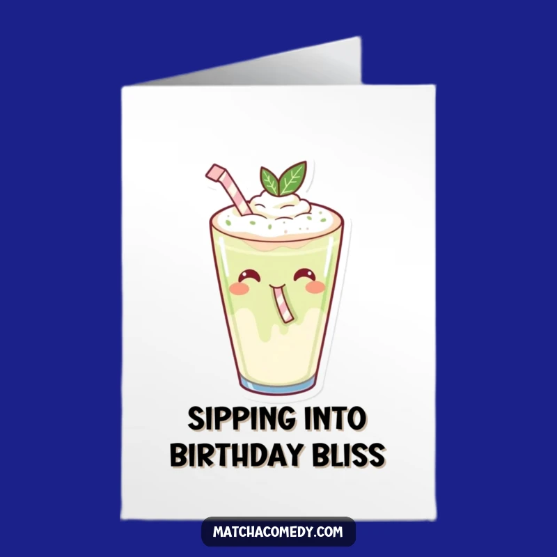 Free Printable Birthday Card: Sipping Matcha Latte - Funny Kawaii Download