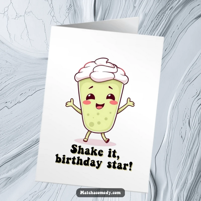 Funny free printable birthday card of a giggling matcha latte character dancing wildly, evoking pure, unadulterated joy and celebration.