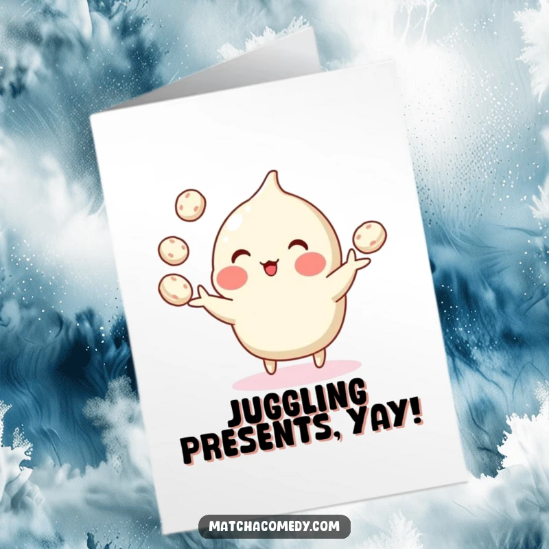 Funny free printable birthday card featuring a matcha confection skillfully juggling small, round mochi balls with its little hands.