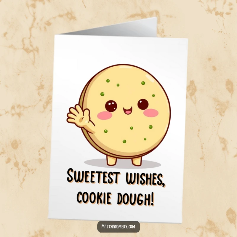 Funny Free Printable Birthday Card: Kawaii matcha cookie character waves cheerfully, a sweet and delightful birthday greeting.