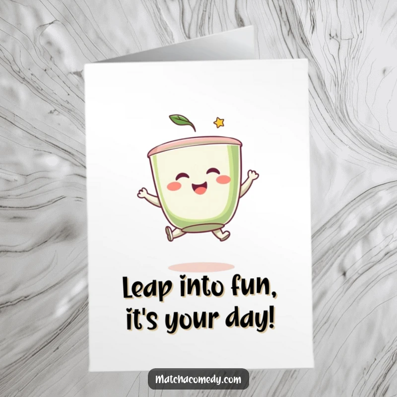 Funny Free Printable Birthday Card: A smiling matcha cup doing a playful leap with energetic green swirls.