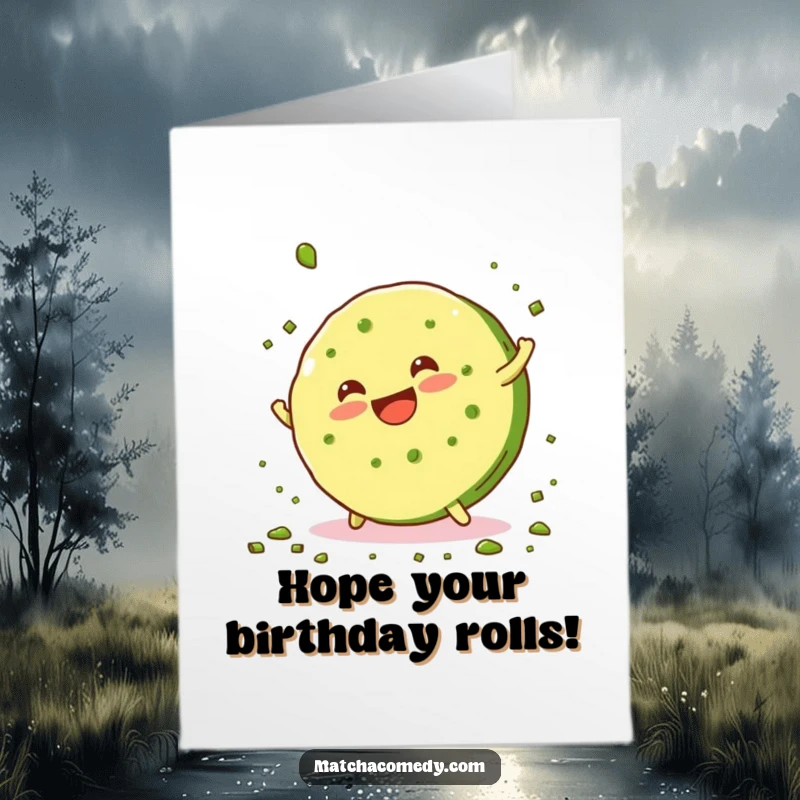 Funny Free Printable Birthday Card: A smiling matcha cookie doing a cartwheel, scattering green crumbs, celebrating a birthday with energetic fun.