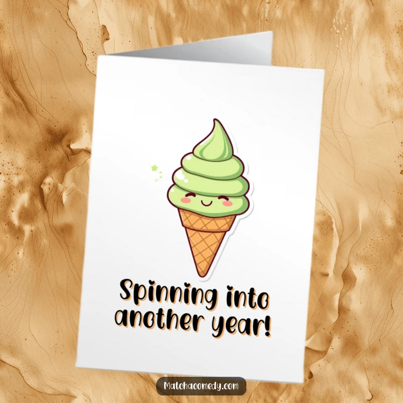 Funny free printable birthday card: A happy matcha ice cream cone doing a cheerful spin, ready to celebrate.