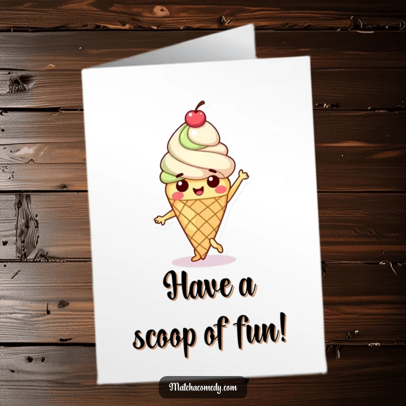 Funny Free Printable Birthday Card: A matcha ice cream cone character dancing happily with a cherry on top, celebrating a birthday.
