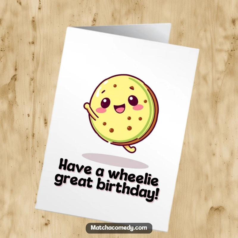 Funny Free Printable Birthday Card: A Kawaii matcha cookie enthusiastically doing a cartwheel, spreading joy.