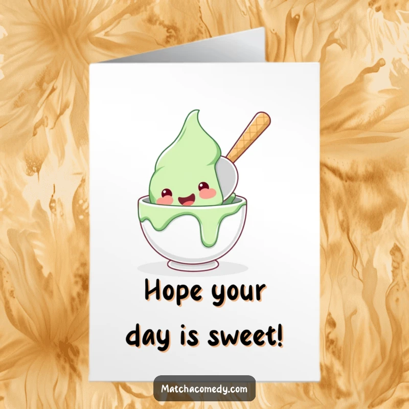 Funny Free Printable Birthday Card: A happy matcha ice cream scoop joyfully diving into a bowl, celebrating a birthday with sweet delight.