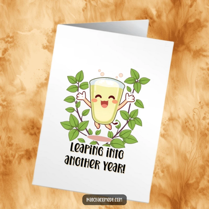 Funny free printable birthday card of a matcha latte character leaping with pure joy amidst a flurry of green leaves.