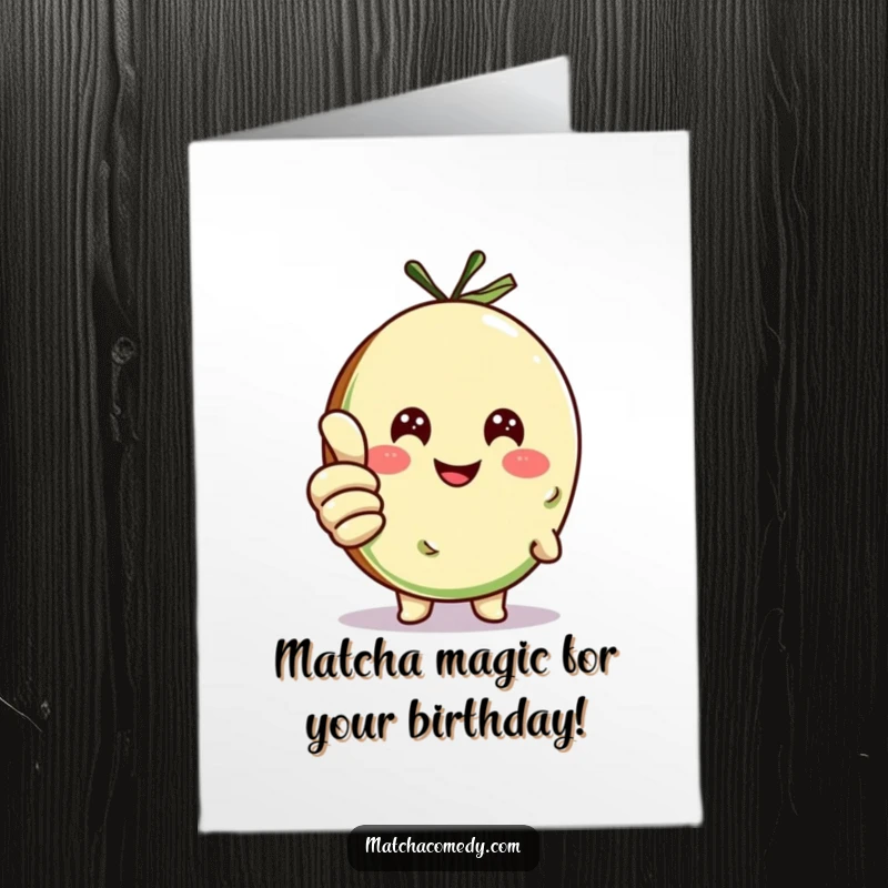 Funny Free Printable Birthday Card: Smiling matcha cookie character giving a positive thumbs up, ready for your celebration.