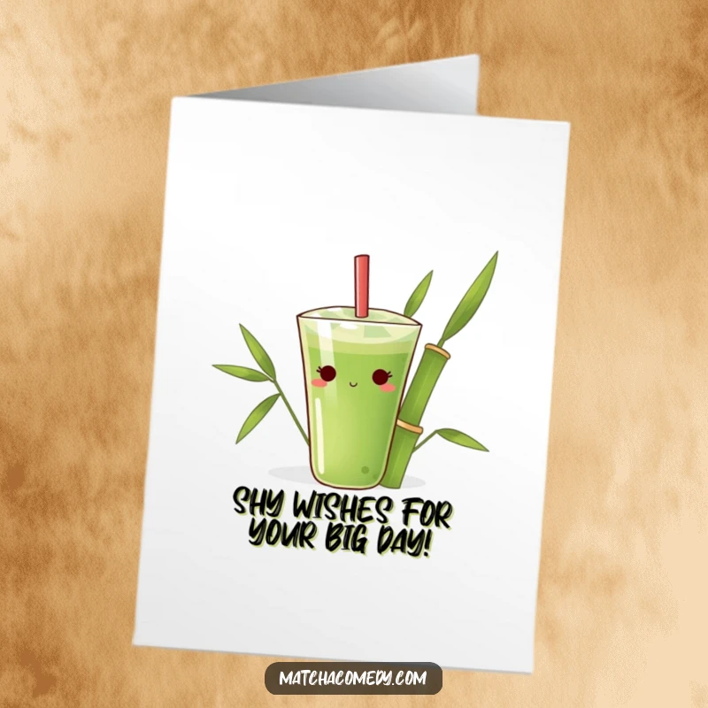 Funny Free Printable Birthday Card: A shy matcha drink character peeks from behind a large bamboo leaf, offering birthday wishes.