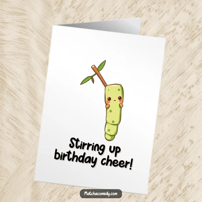 Funny Free Printable Birthday Card: A matcha stir stick slides gleefully down a bamboo stalk, bringing birthday cheer.