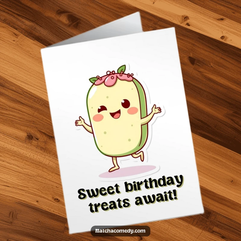 Funny Free Printable Birthday Card: A kawaii matcha pastry character joyfully doing the Charleston with its tiny feet.