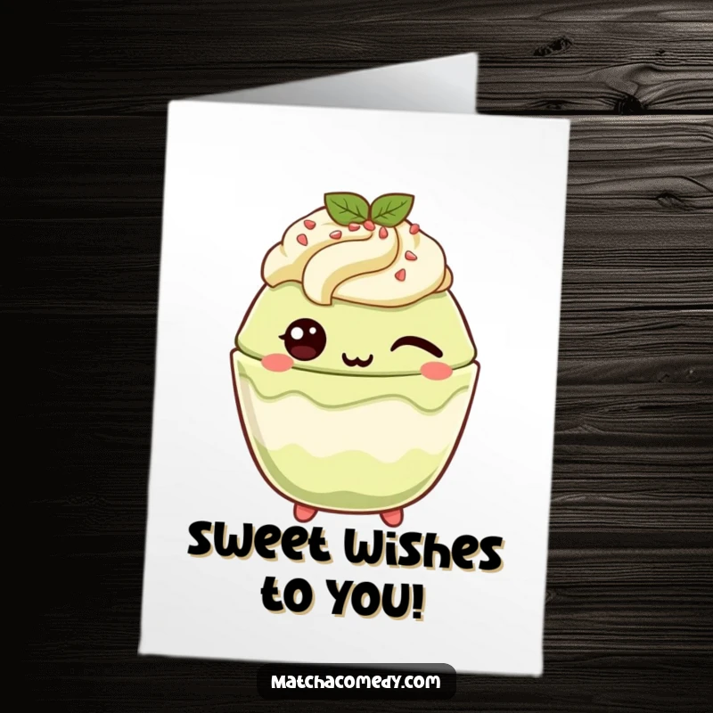 Funny Free Printable birthday card featuring a kawaii matcha parfait playfully winking with a cheeky, delightful expression.