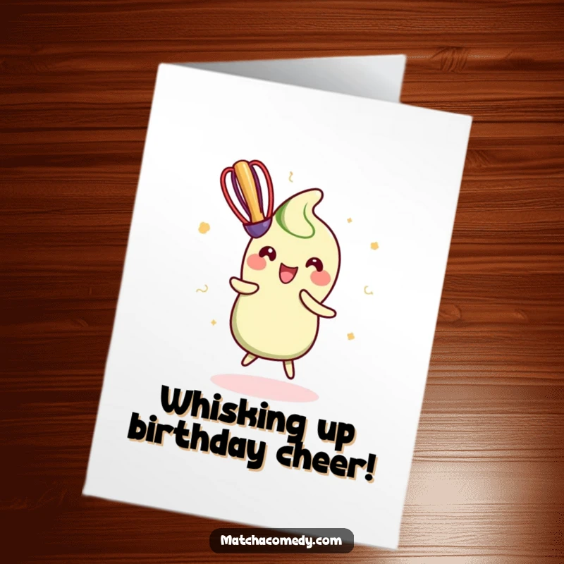 Funny Free Printable birthday card showing a kawaii matcha whisk performing a lively, happy dance with pure glee.