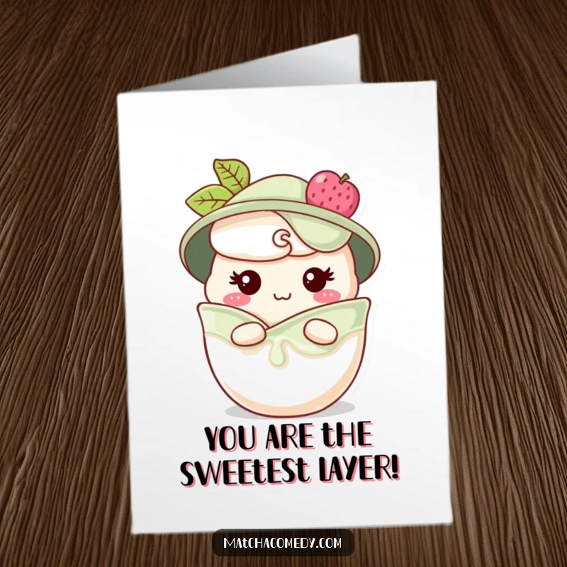 Funny Free Printable Birthday Card: Small matcha parfait character with a cheeky grin peeking out.