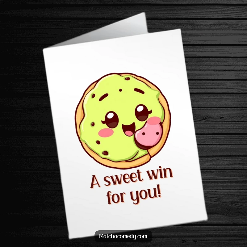 Funny Free Printable Congrats Card: Adorable kawaii matcha cookie, wide joyful eyes, offering a bite.