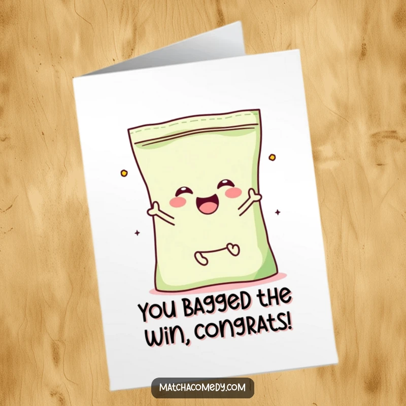 Funny Free Printable Congratulations Card: A kawaii matcha powder bag with tiny legs, enthusiastically jumping to celebrate a big win.