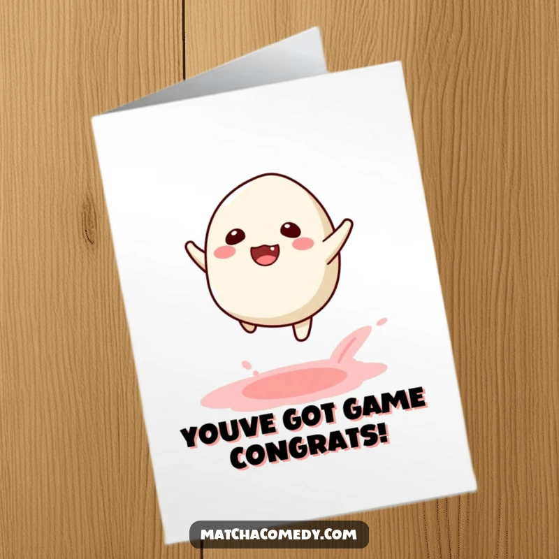 Funny Free Printable Congratulations Card: A kawaii matcha mochi performs a joyful leap, showering congratulations with powdery fun.