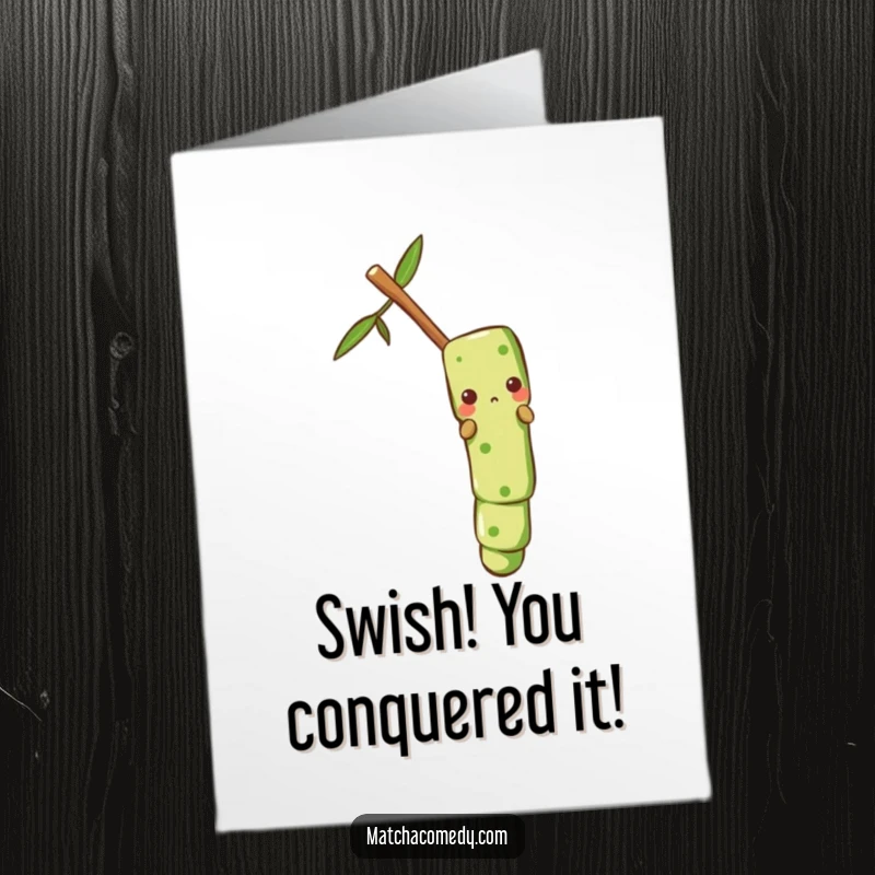 Funny Free Printable Congrats Card: An anthropomorphic matcha stir stick makes a thrilling slide down a bamboo stalk, celebrating your success.