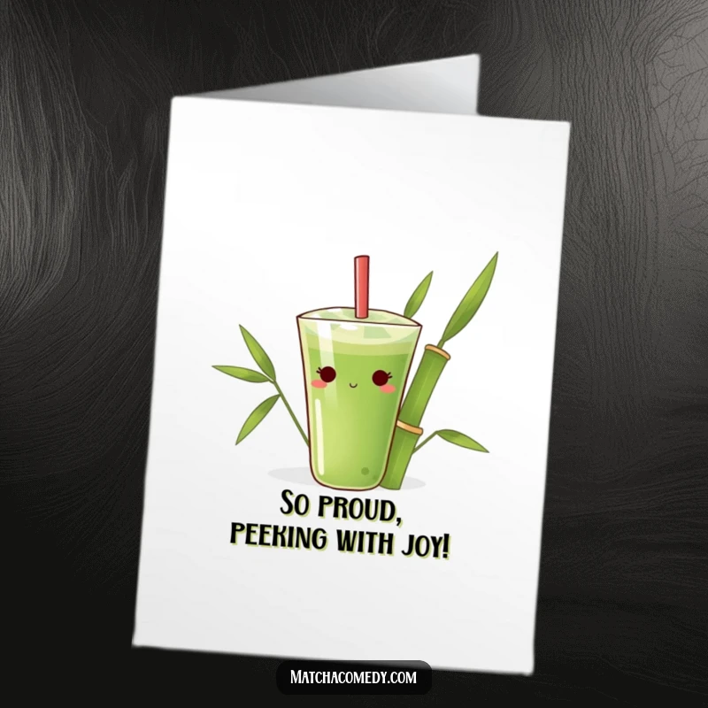 Funny Free Printable Congrats Card: A bashful matcha drink peeks from a giant bamboo leaf, celebrating your success with a shy smile.