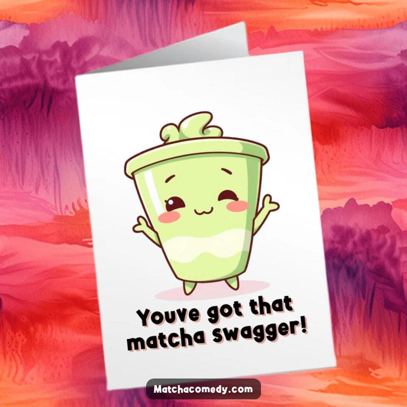 Free Printable Congratulations Card showing a matcha cup character in a goofy, silly pose, ideal for a humorous downloadable.