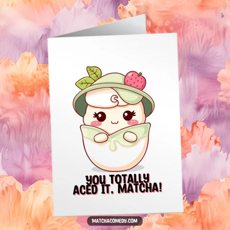Funny Free Printable Congratulations Card: Small matcha parfait character grinning cheekily.