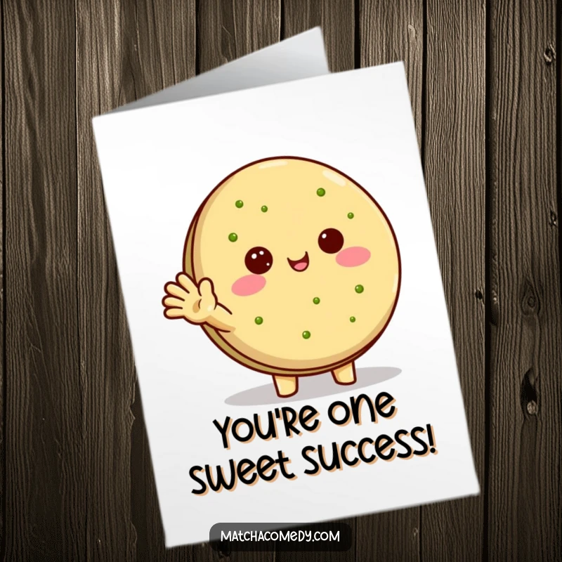 Funny Free Printable Congratulations Card: Kawaii matcha cookie character waves cheerfully, celebrating achievements with a smile.