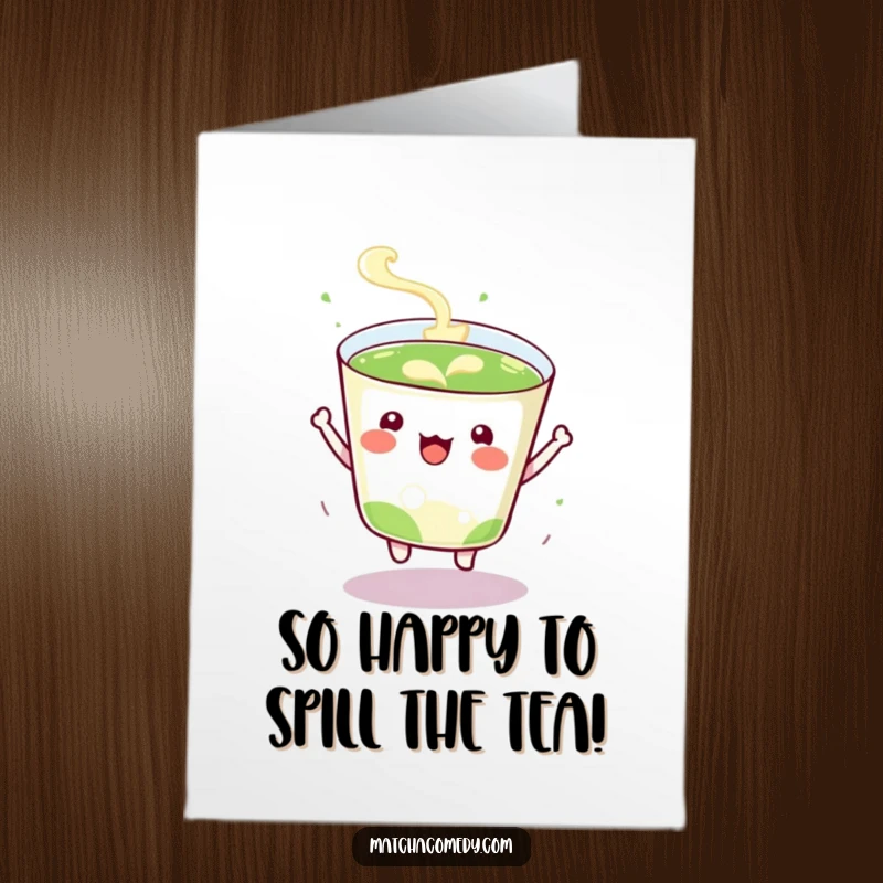 Free Printable congratulations card showing a kawaii matcha cup bouncing enthusiastically, celebrating success with vibrant energy.