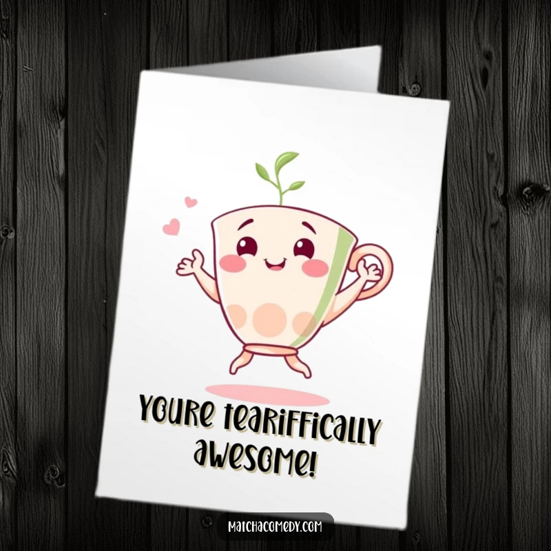 Funny Free Printable Congratulations Card: A cheerful matcha cup dances to celebrate your amazing achievement.