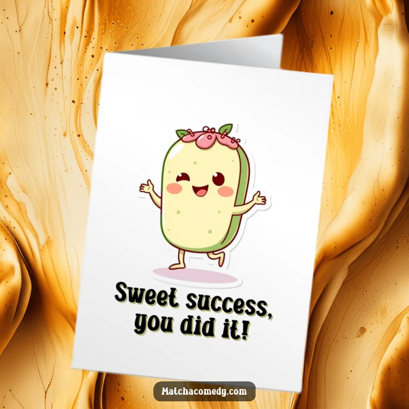 Funny Free Printable Congratulations Card: A kawaii matcha pastry character doing a lively Charleston, celebrating your amazing news.