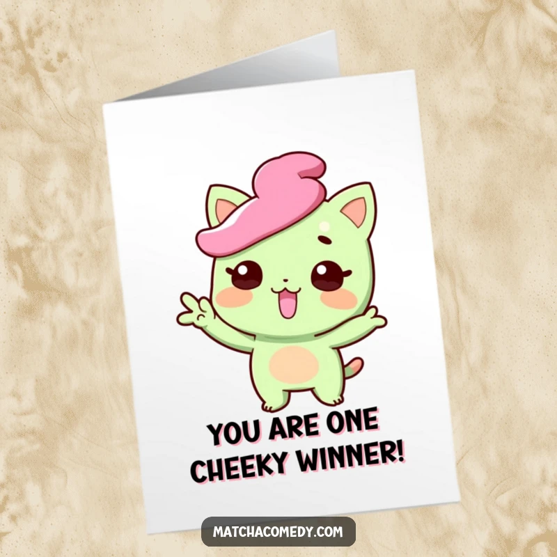 Funny Free Printable Congratulations Card: Matcha sweet character striking a funny pose with tongue out.