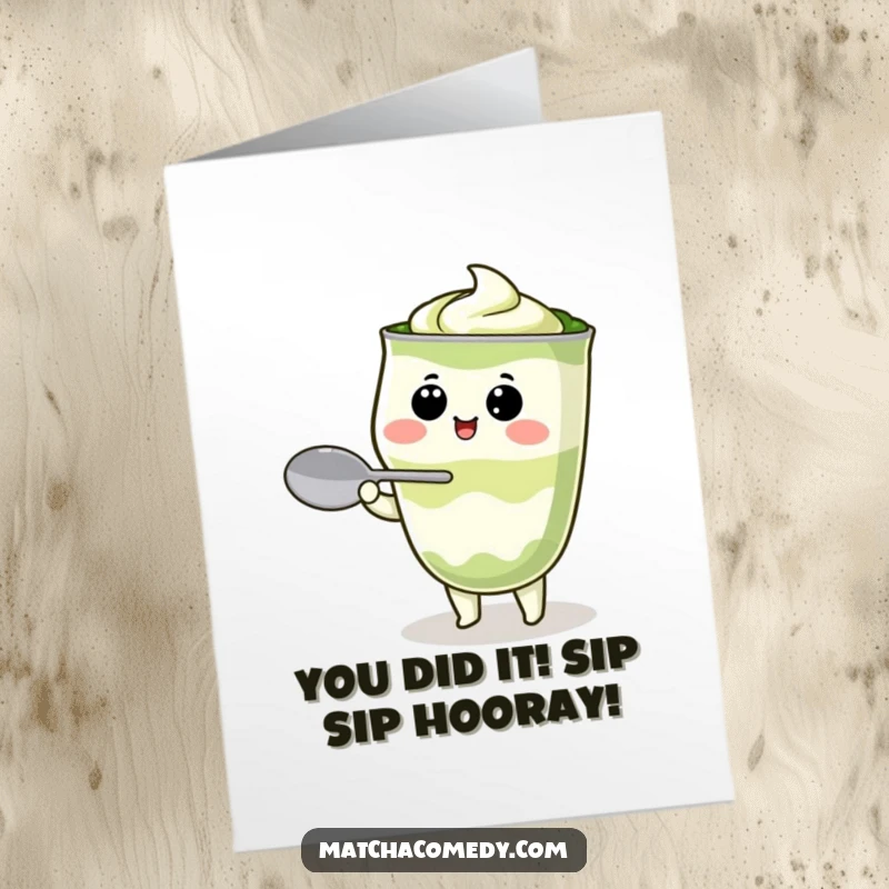 Funny Free Printable Congratulations Card featuring a kawaii matcha latte character attempting to balance a spoon with a determined, amusing expression.