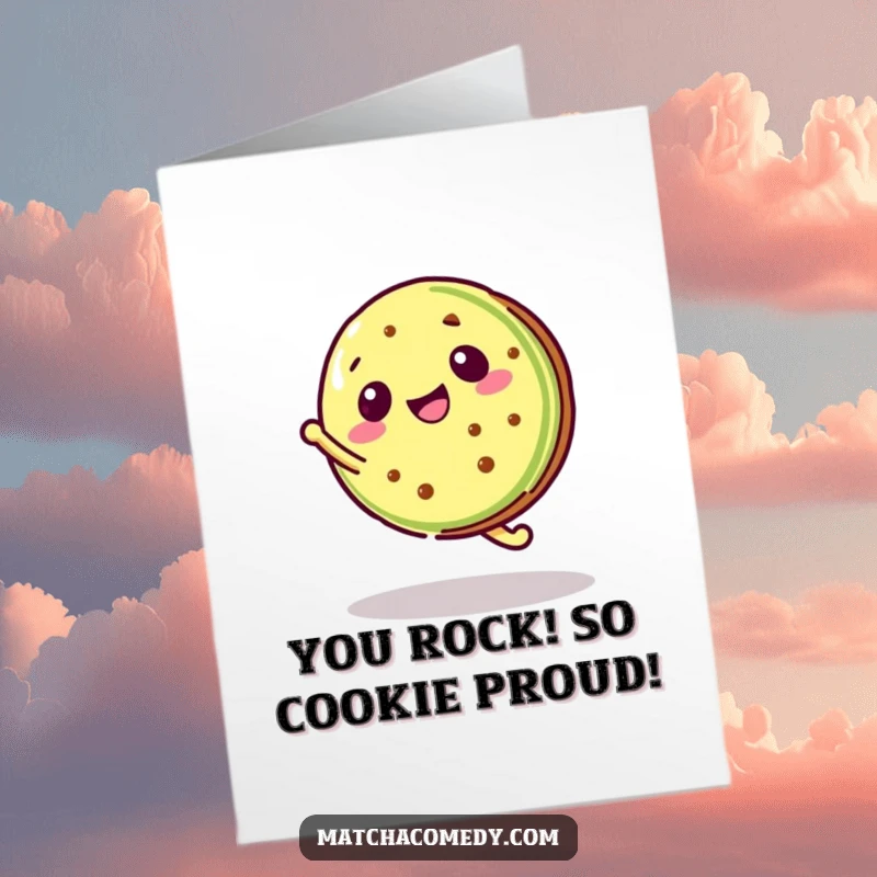 Funny Free Printable Congratulations Card: A Kawaii matcha cookie mid-cartwheel, cheering for success.