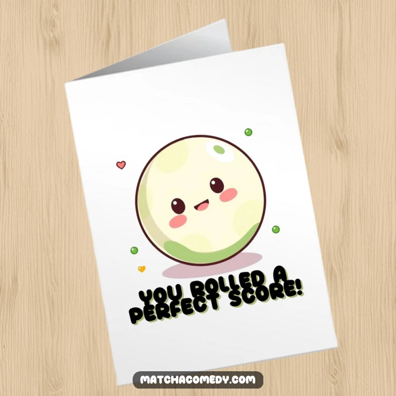Funny Free Printable Congratulations Card: Kawaii matcha ball in mid-roll, looking mischievous and celebratory.