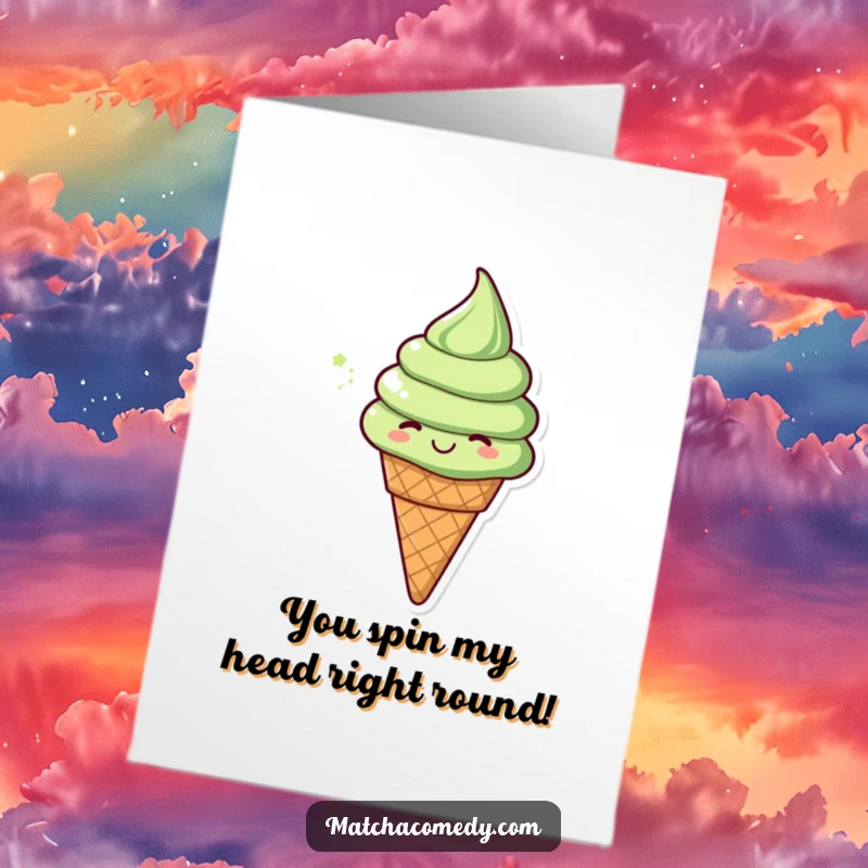 Funny free printable congratulations card: A cheerful matcha ice cream cone in a happy spin, perfect for celebrating.