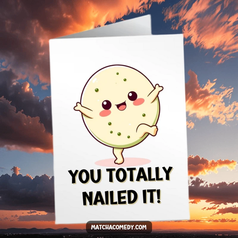 Funny Free Printable Congratulations Card: A Kawaii matcha cookie doing a cartwheel, celebrating milestones with active sweetness.