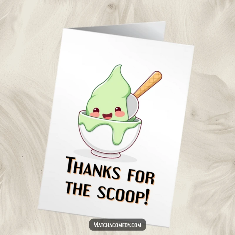 Funny Free Printable Thank You Card: A happy matcha ice cream scoop diving into a bowl with delight, conveying thanks with joyful energy.