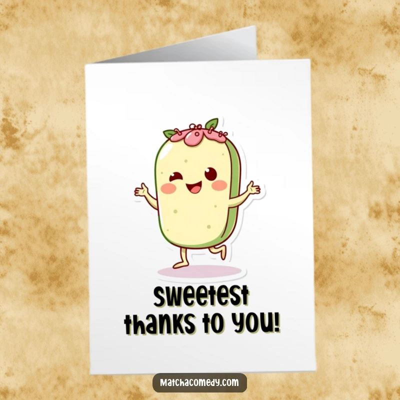 Funny Free Printable Thank You Card: A kawaii matcha pastry character doing a happy Charleston dance, sending thanks your way.