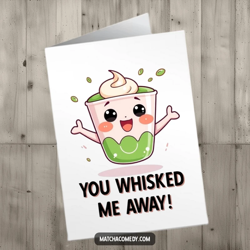 Funny Free Printable thank you card where a kawaii matcha cup is joyfully bouncing with excitement to say thank you.