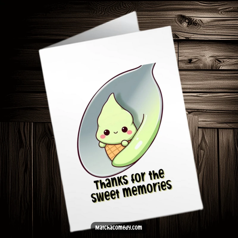Free Printable Thank You Card: Shy kawaii matcha ice cream cone peeking from behind a spoon, expressing sweet gratitude.