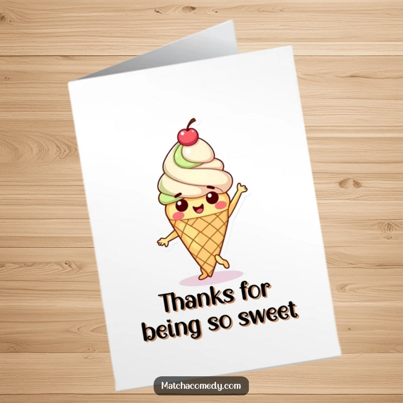 Funny Free Printable Thank You Card: A matcha ice cream cone character with a cherry on top, dancing happily to show thanks.