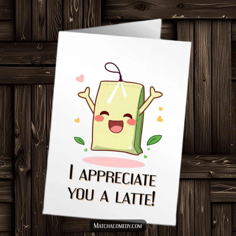 Funny Free Printable Thank You Card: A delighted matcha tea bag executing a cheerful somersault, offering a unique way to say thank you.